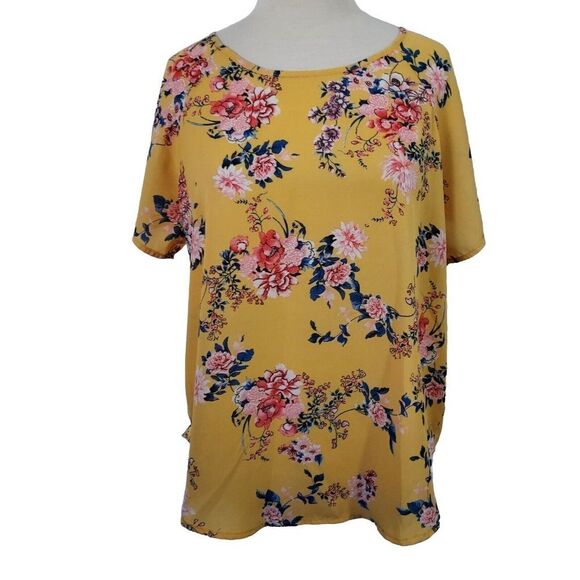 Lily White Shirt Top Womens Size XL Yellow Floral Flowy Short Sleeve Back Slit - Picture 1 of 8